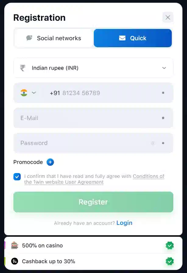 Registration at 1win crypto casino in India 