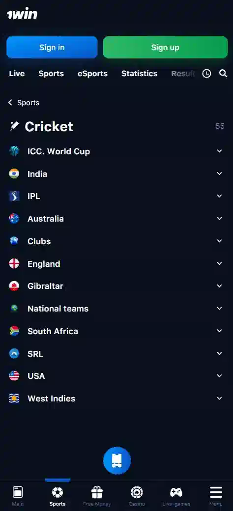 Cricket bets on the 1win mobile app in India